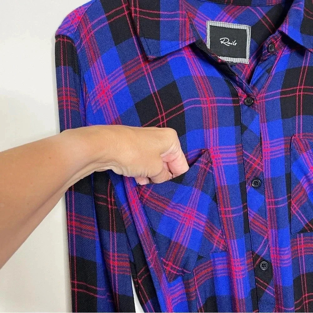 RAILS Nadine Flannel Plaid Royal Blue Red Shirt Dress Tie pockets Cabincore